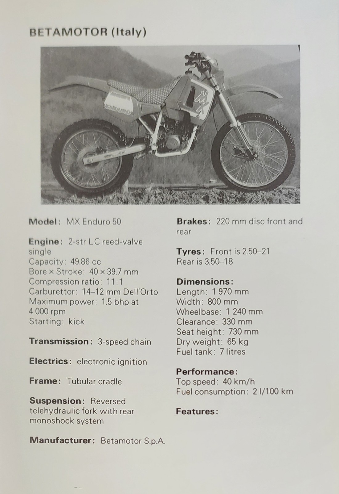 Betamotor Motorcycle Picture Original Vtg Bike Info Sheet