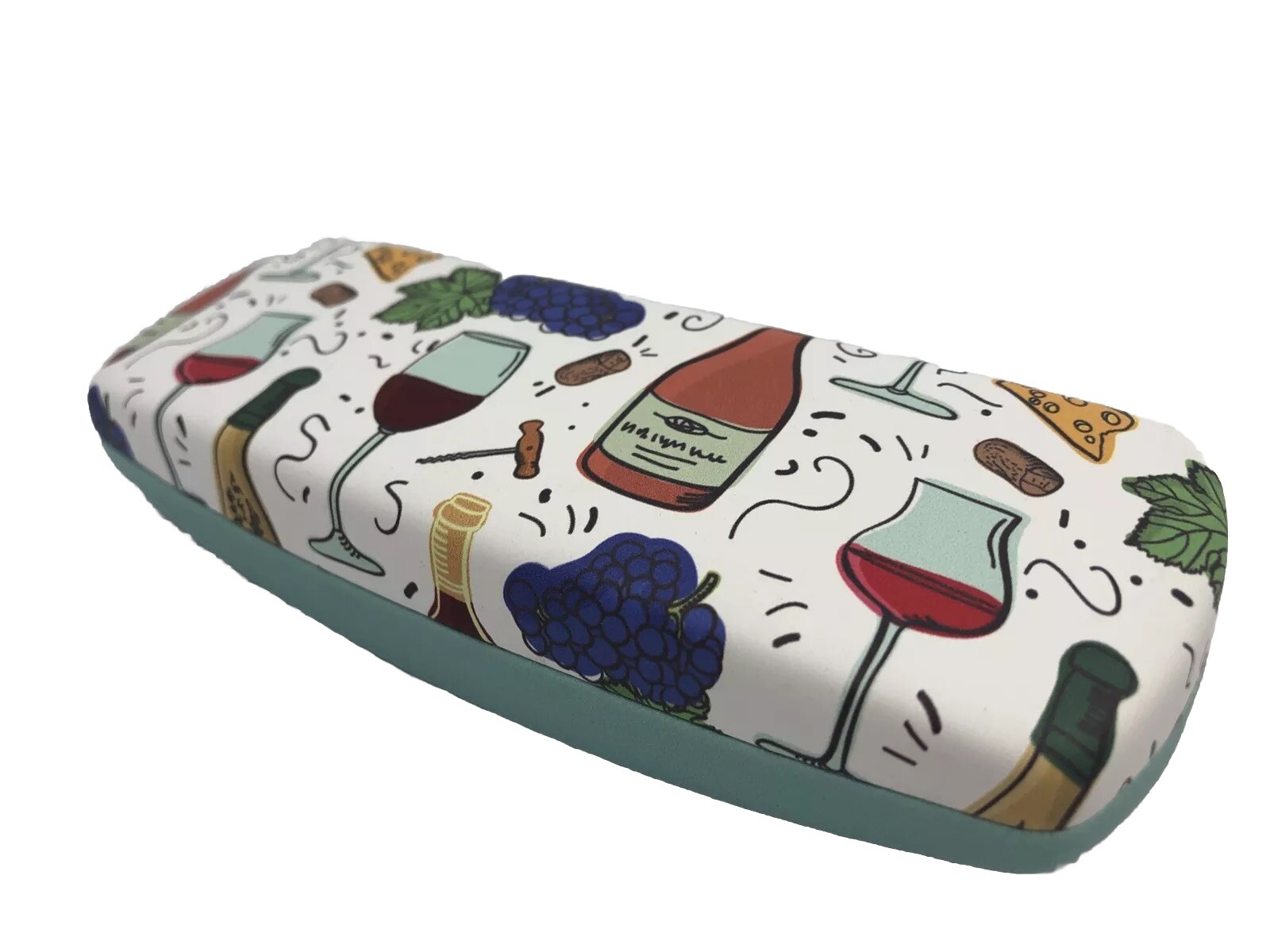 NEW Multicolor Wine And Cheese Themed Adult Hard Metal Clamshell Eyeglasses Case