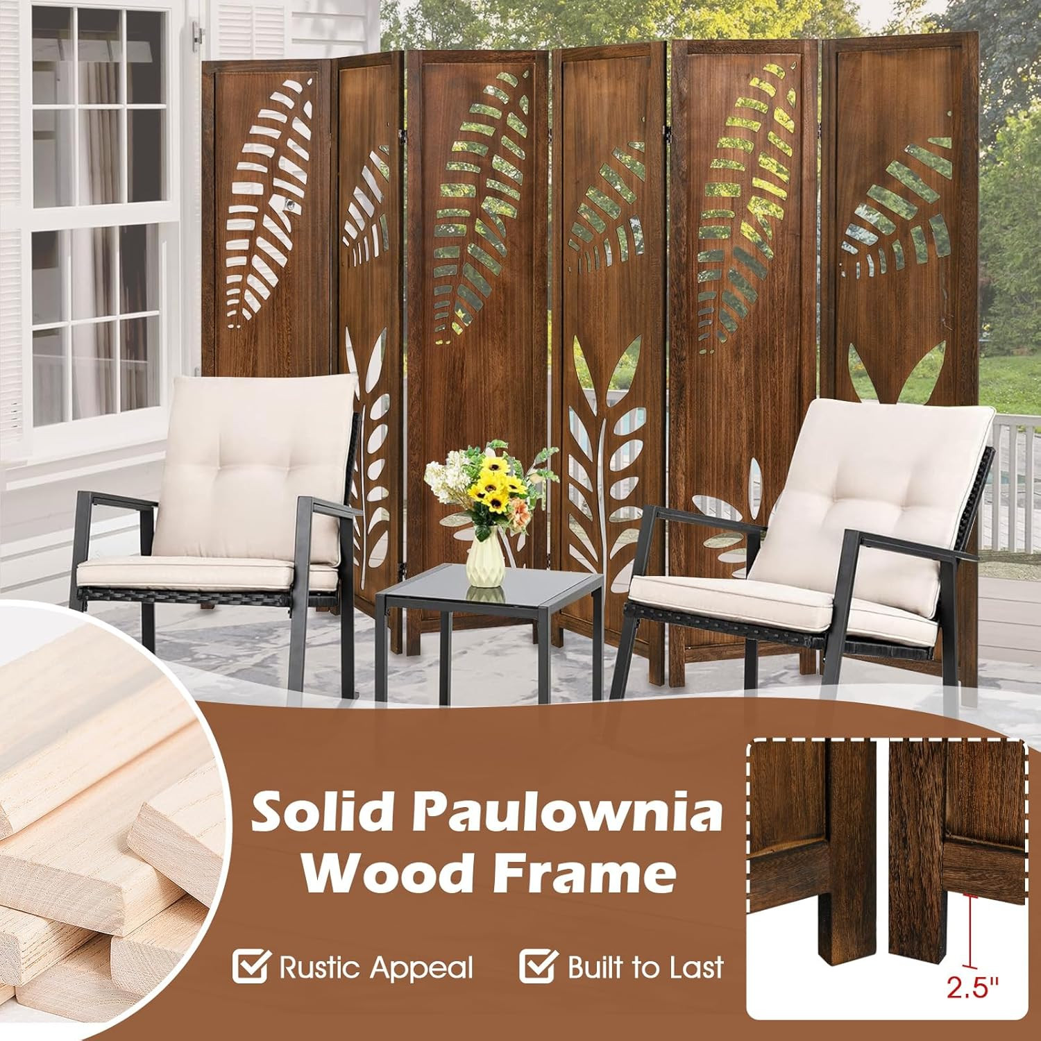 Boho Rustic Room Divider, 6 Panel Carved Leaf Folding Wood Screen, Fully Assembl