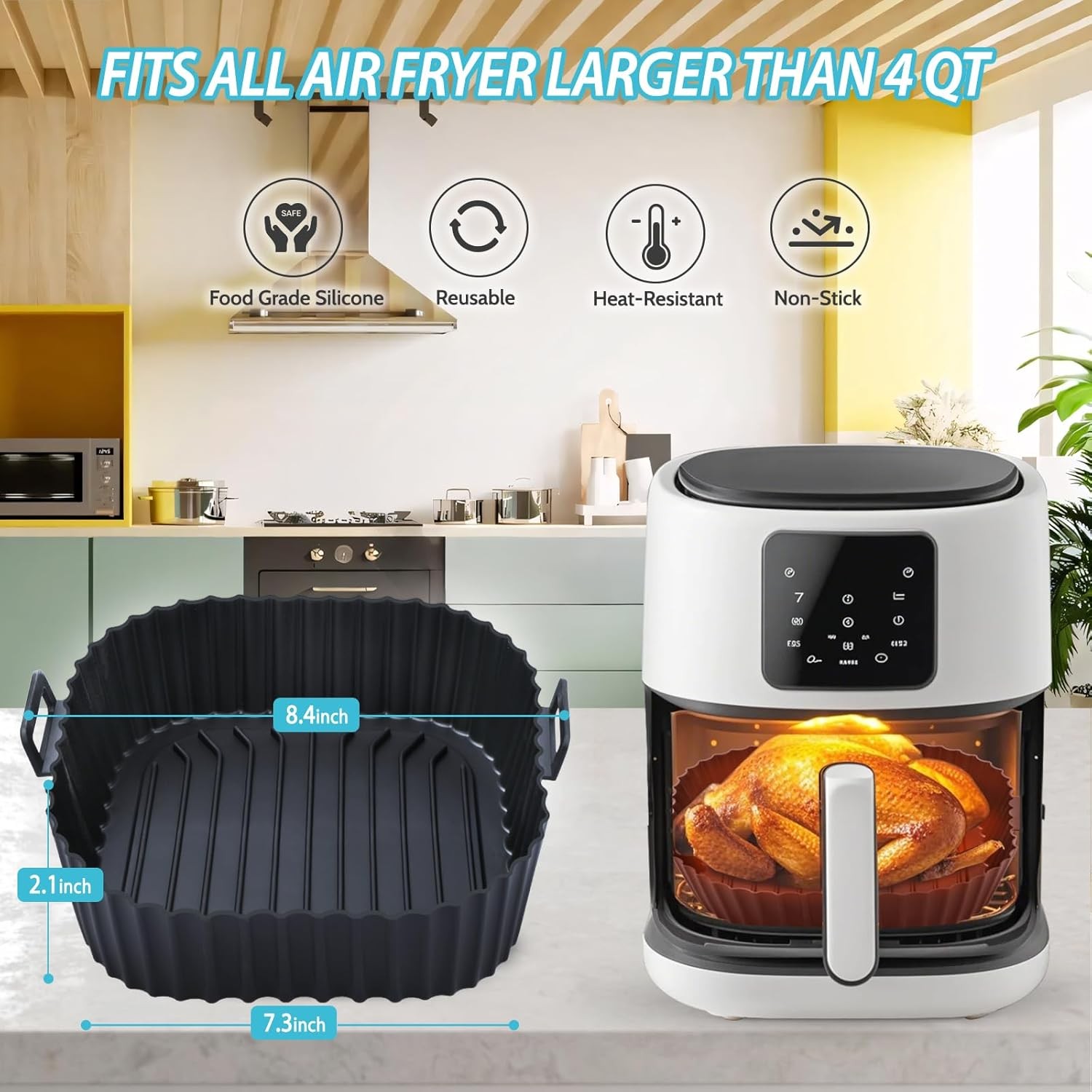 Silicone Air Fryer Liners Reusable 3 PCS, 7.3 inches x 8.4 inches, Blue
