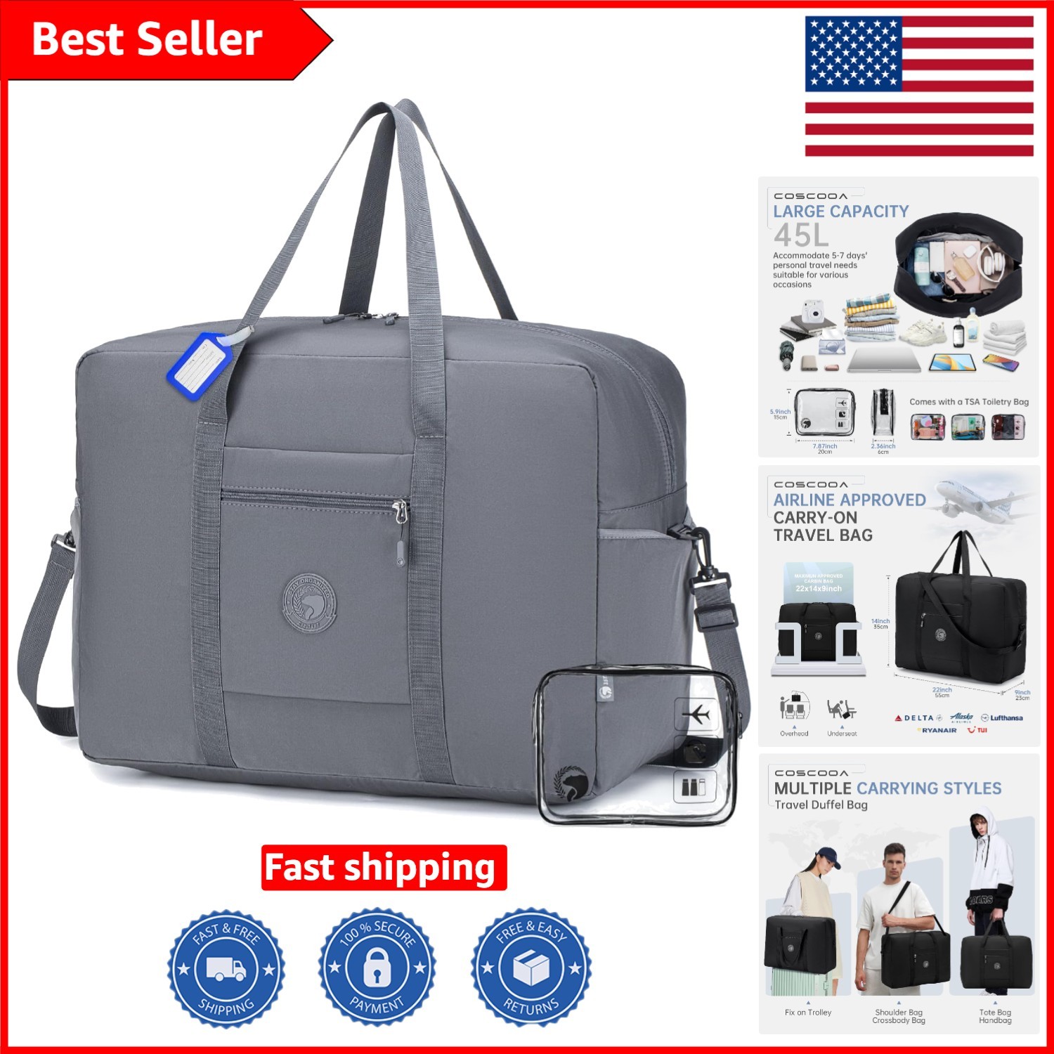 Lightweight Airline Approved Carry-On Luggage 22x14x9 - 40L Waterproof Bag