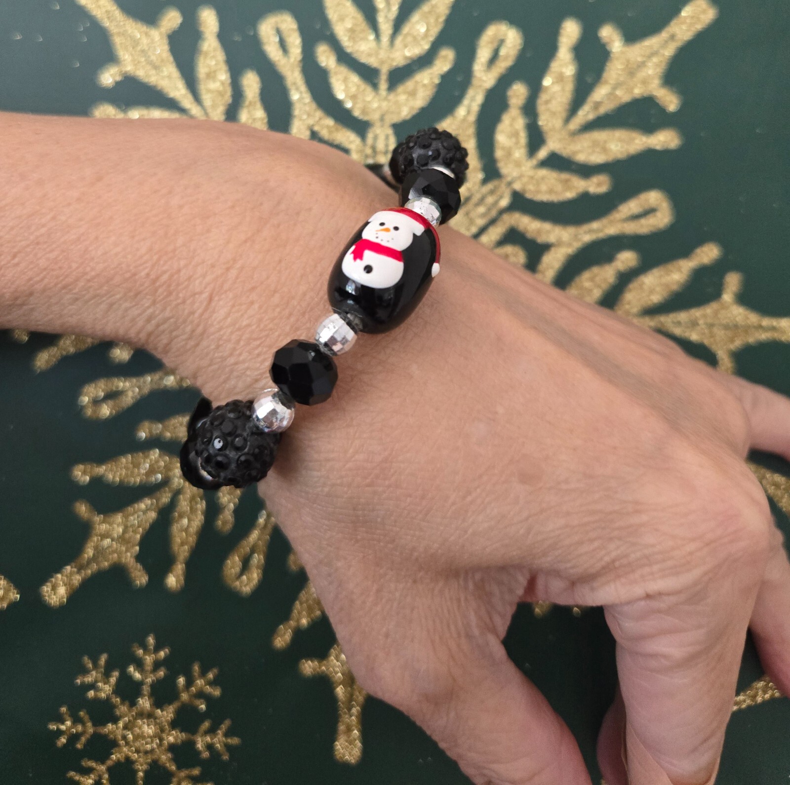 Christmas Bracelet Snowman Black Handmade Stretch Festive Bracelet Woman Teen