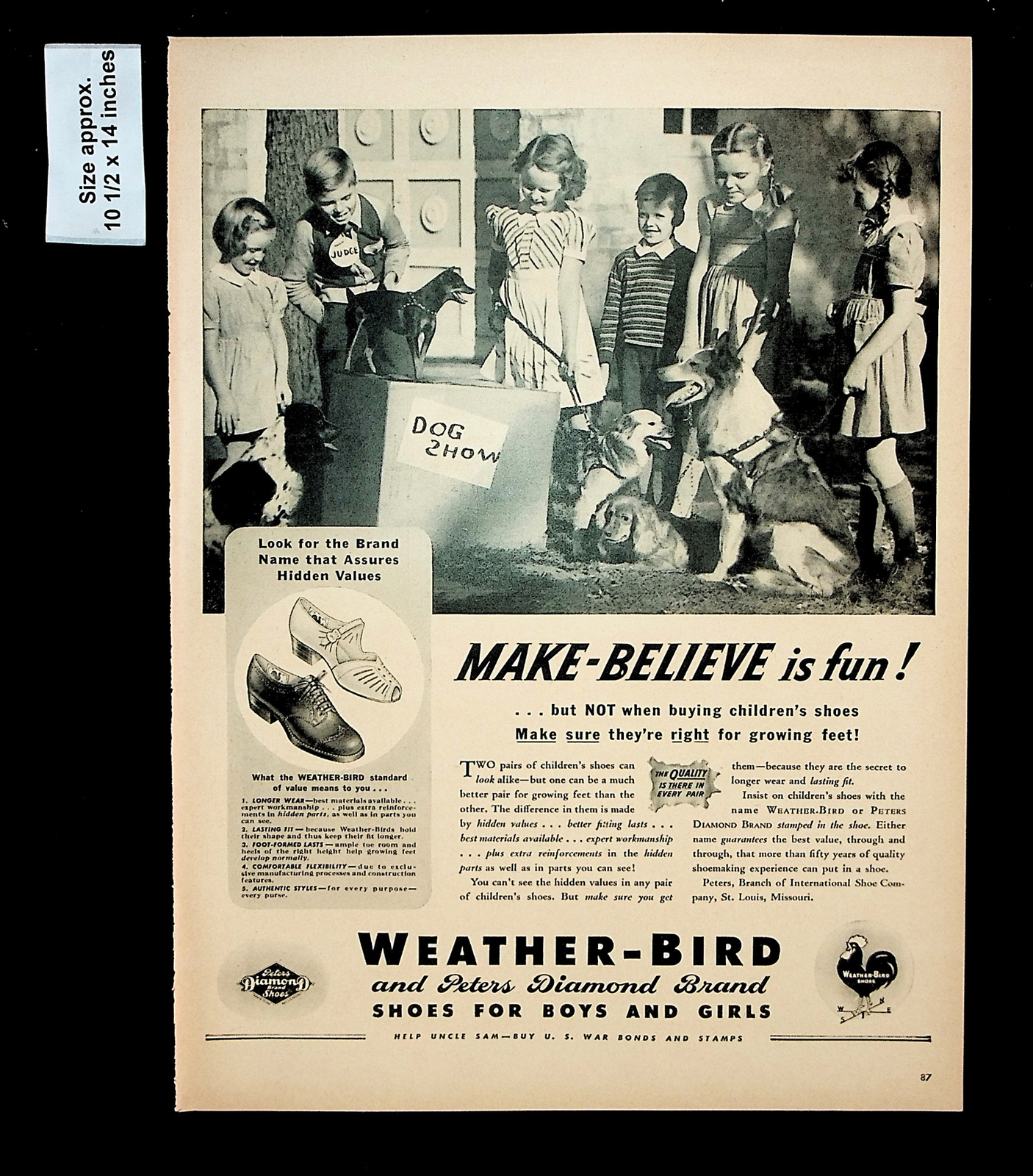 1943 Weather-Bird Shoes Boys Girls Dog Show Make Believe Vintage Print Ad 33011