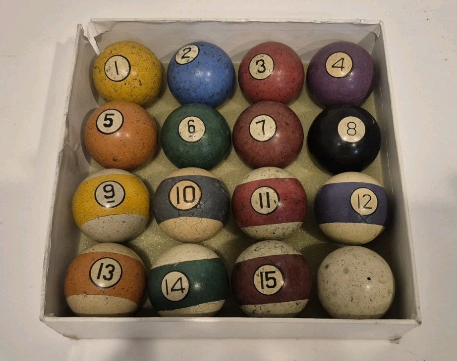 Vintage Clay Billiard Pool Ball Set 1-15 Plus Cue Ball Brunswick