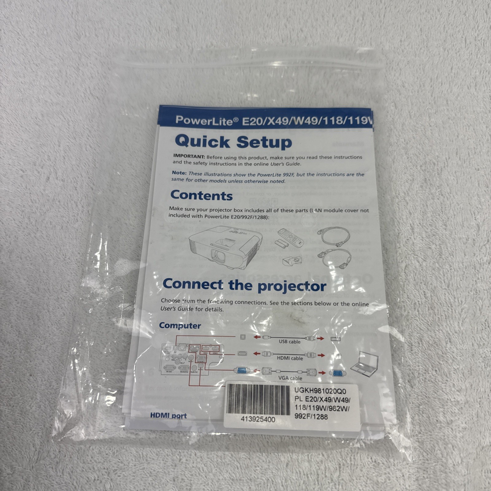 Epson Powerlite E20/X49/W49/118/119W/982W/992F/1288 Manual