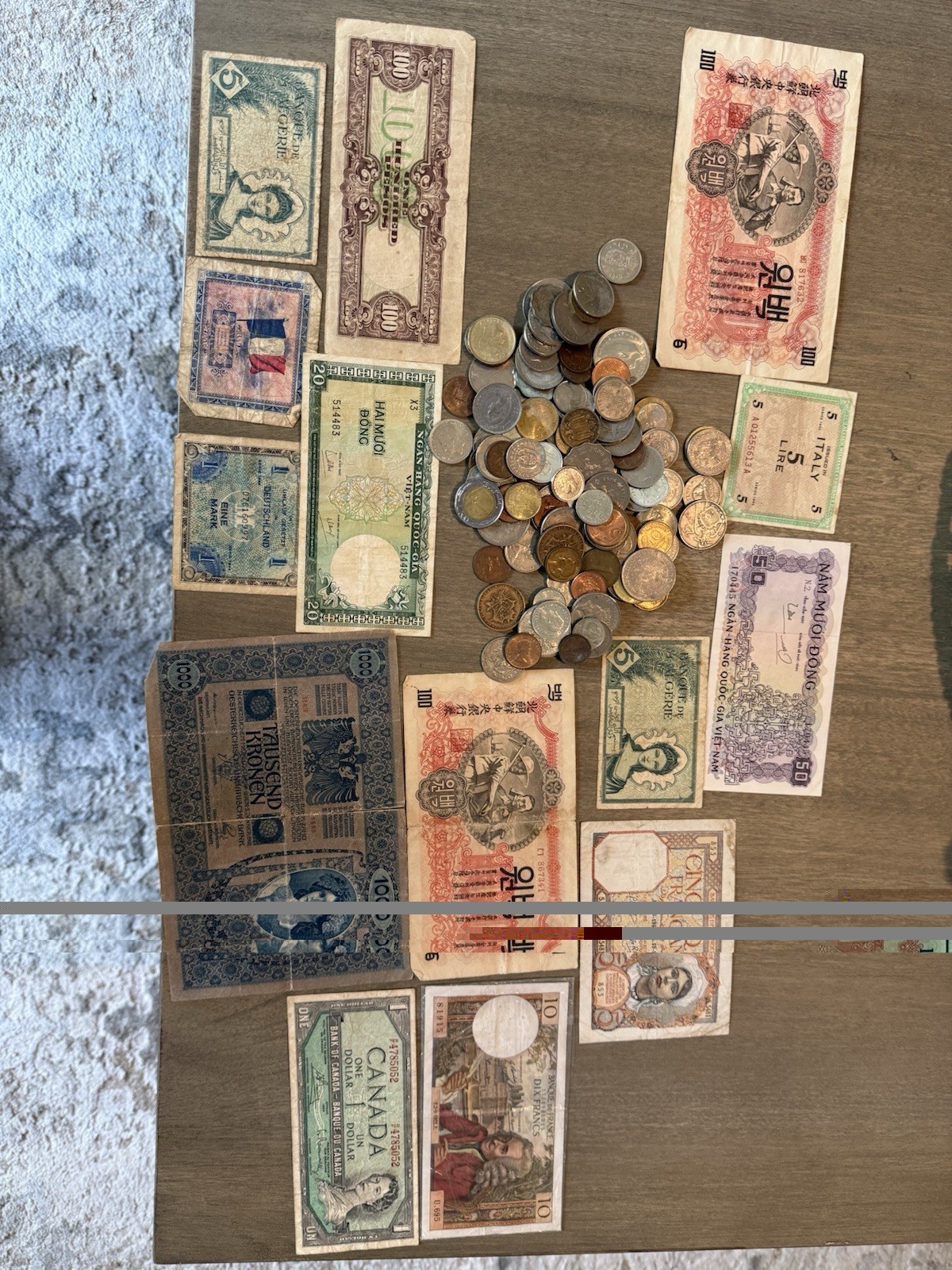 Mixed Lot of Different Foreign World Paper Money,  Currency & Coins