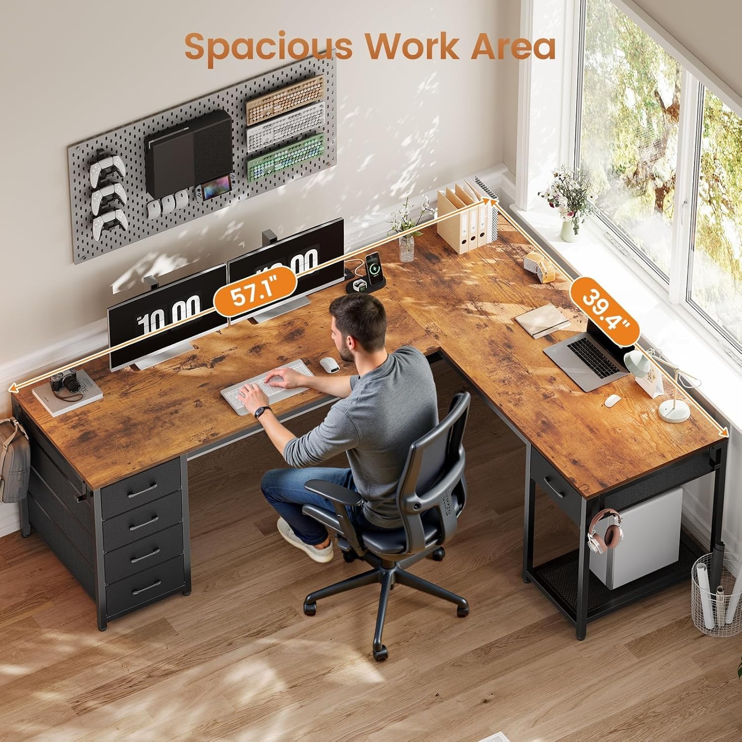 57" L Shaped Desk with 5 Drawers, Reversible Computer Corner Desk with Storage