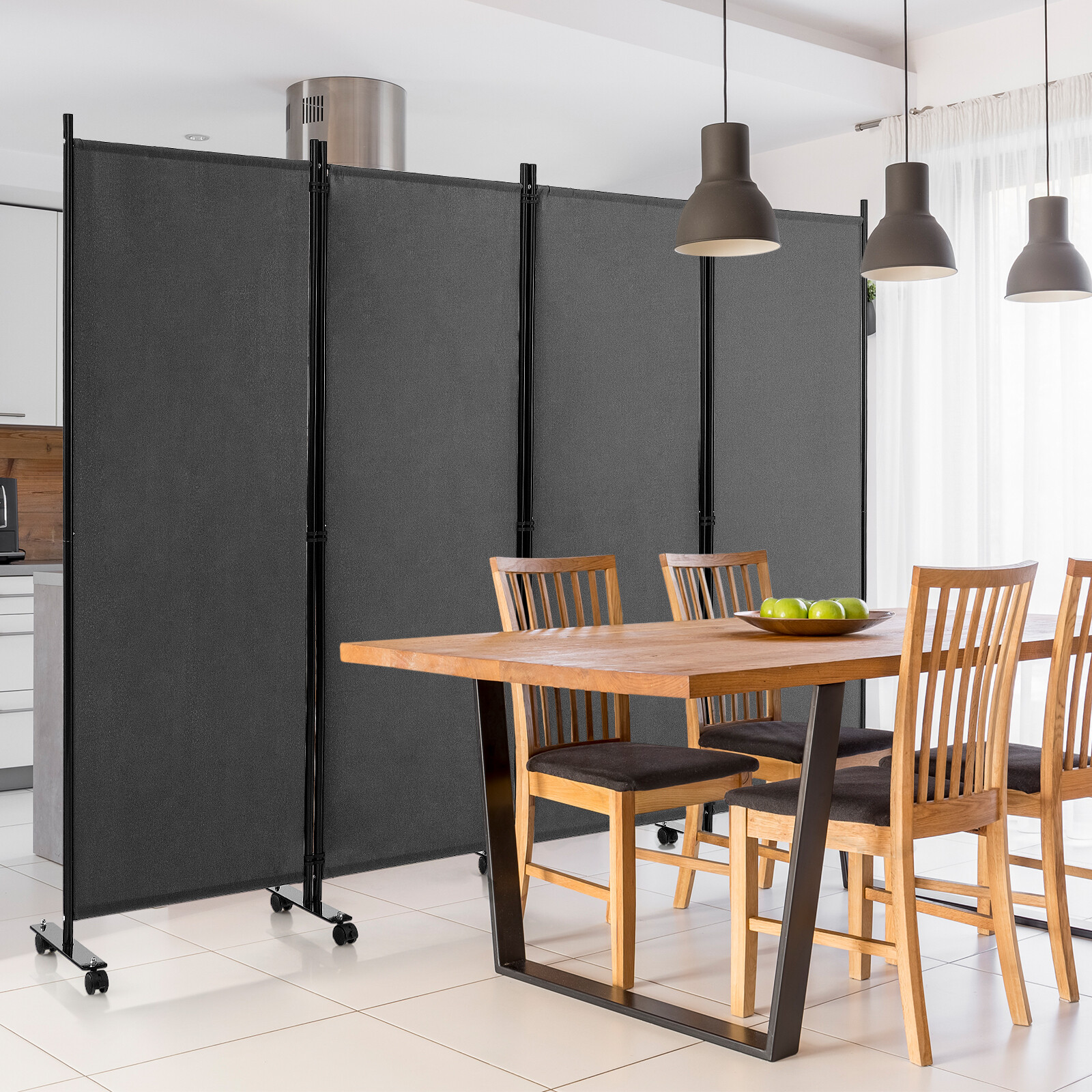 4-Panel Folding Room Divider 6FT Rolling Privacy Screen w/ Lockable Wheels Grey