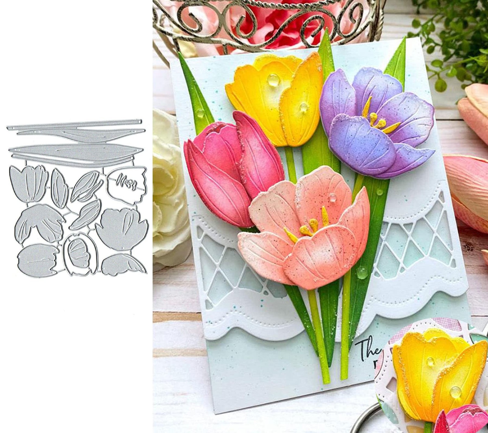 Tulip Flower Set Metal Die Cuts,Spring Leaf Card Cutting Dies Cut Stencils fo...