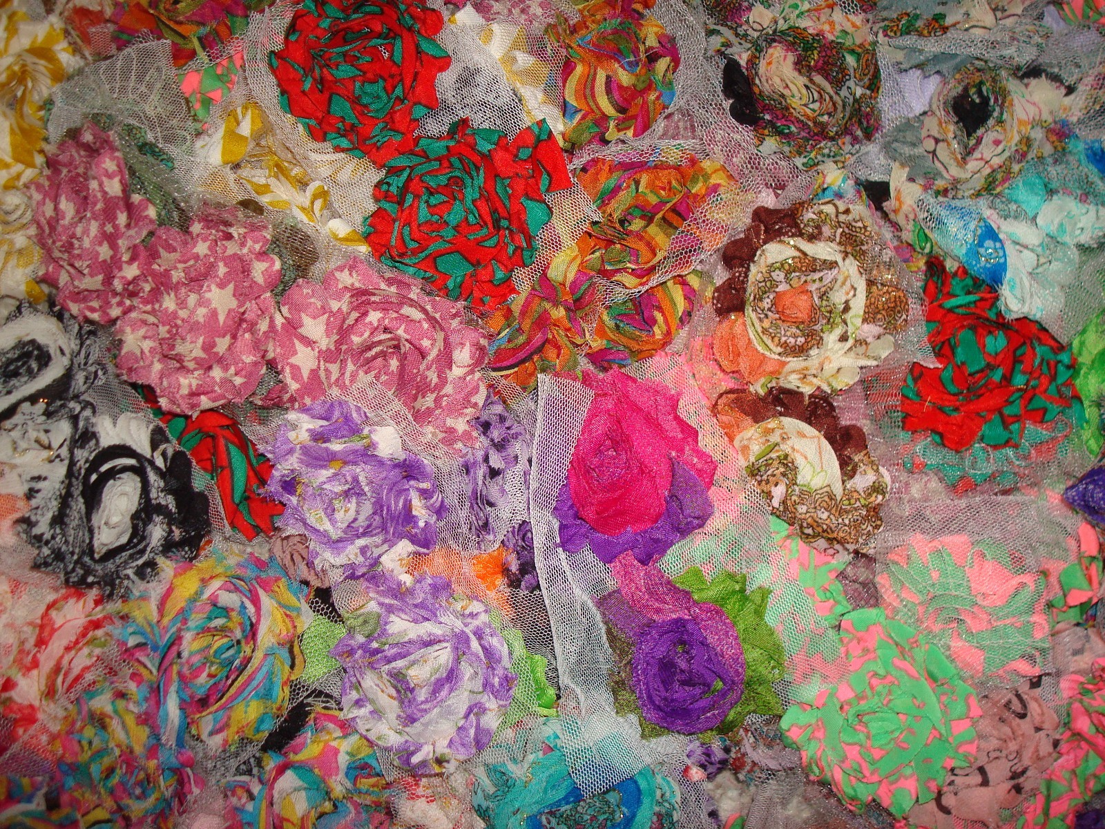 GRAB BAG 20 Handmade Frayed Ribbon FLOWERS Layered Appliques Sew Craft Embellish