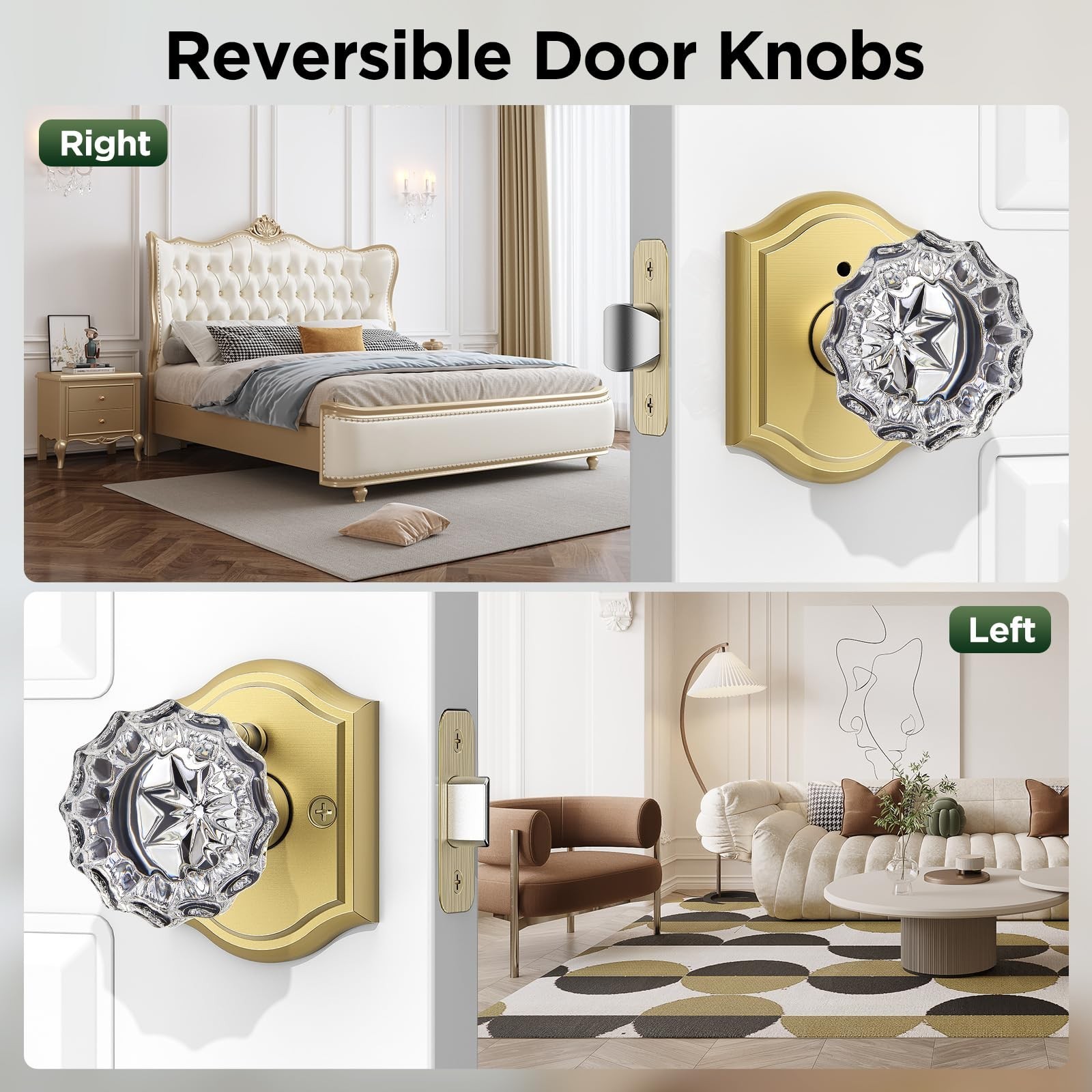 1 Pack Glass Door Knob, Rosette Shaped Crystal Door Knobs with Lock, Satin Br...