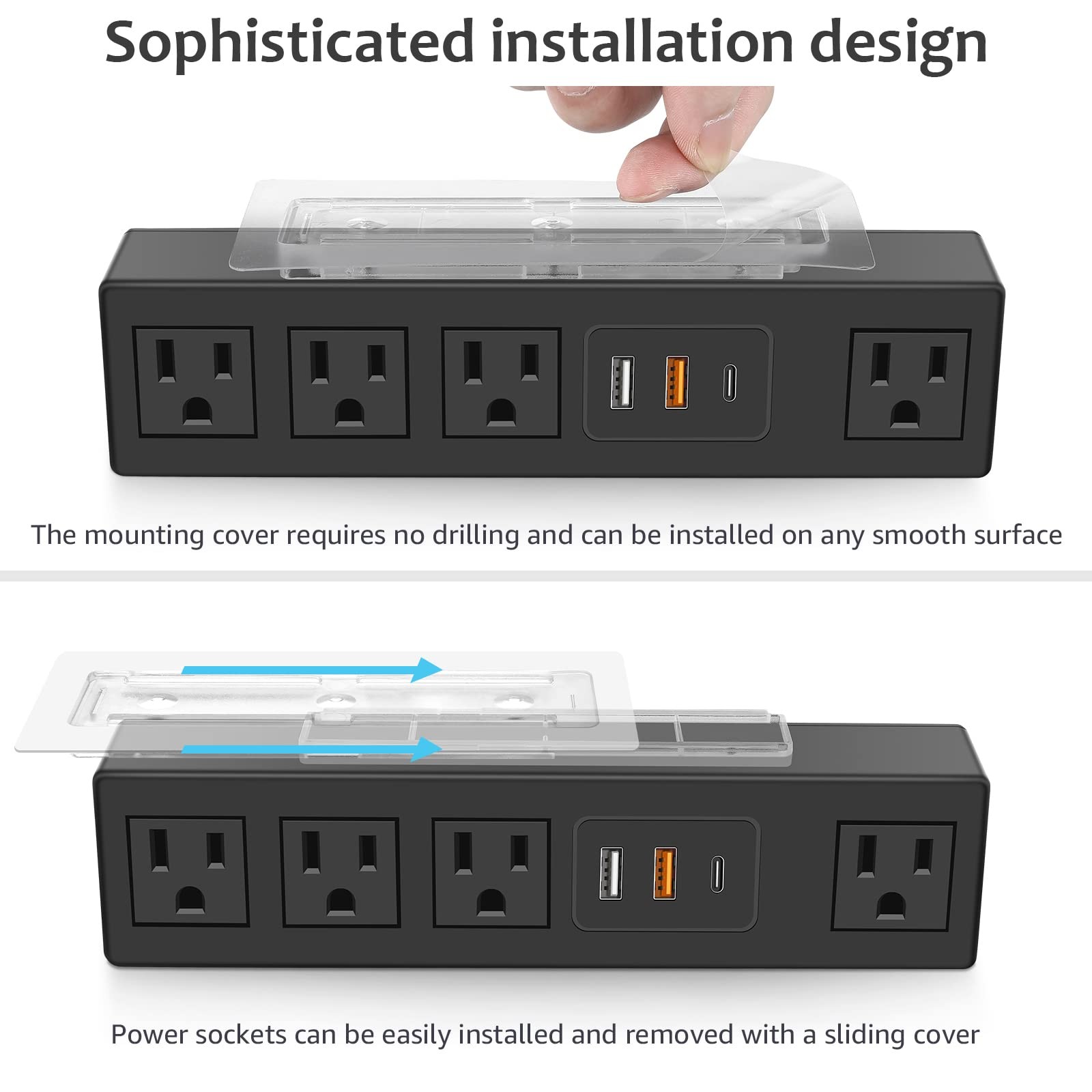 Under Desk Power Strip with 3M Adhesive, Removable Under Desktop Mount Plug w...