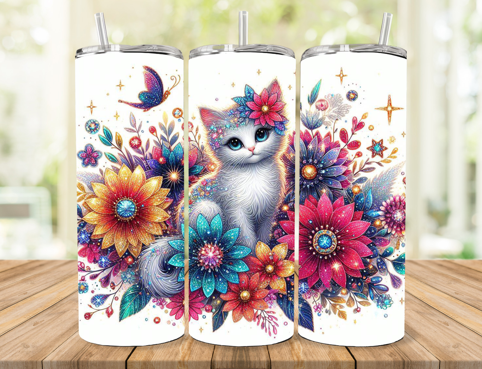 RAINBOW FLORAL GRAY WHITE CAT BUTTERFLY  20 OZ TUMBLER STAINLESS STEAL W/ STRAW