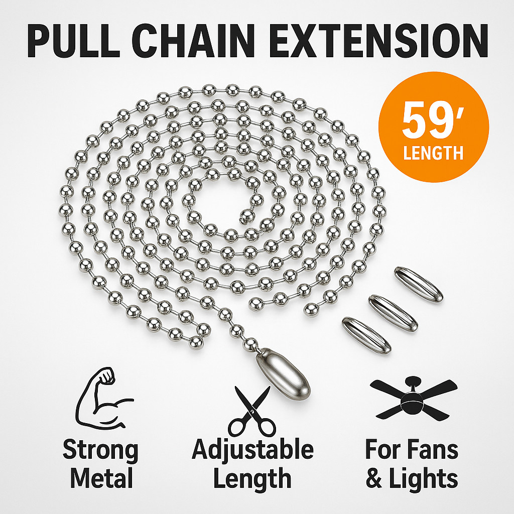 Ceiling Fan Pull Chain Extension Silver 59" Beaded Metal Cord with 6 Connectors