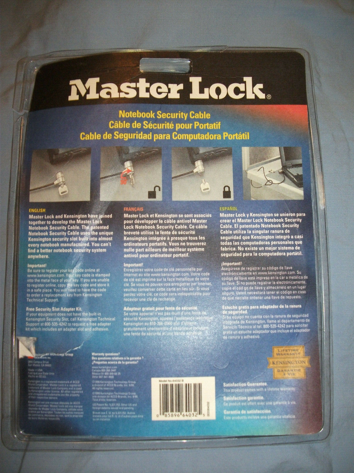 Kensington 64032 Master Lock Universal Notebook Security Cable - Black w/ 2 keys