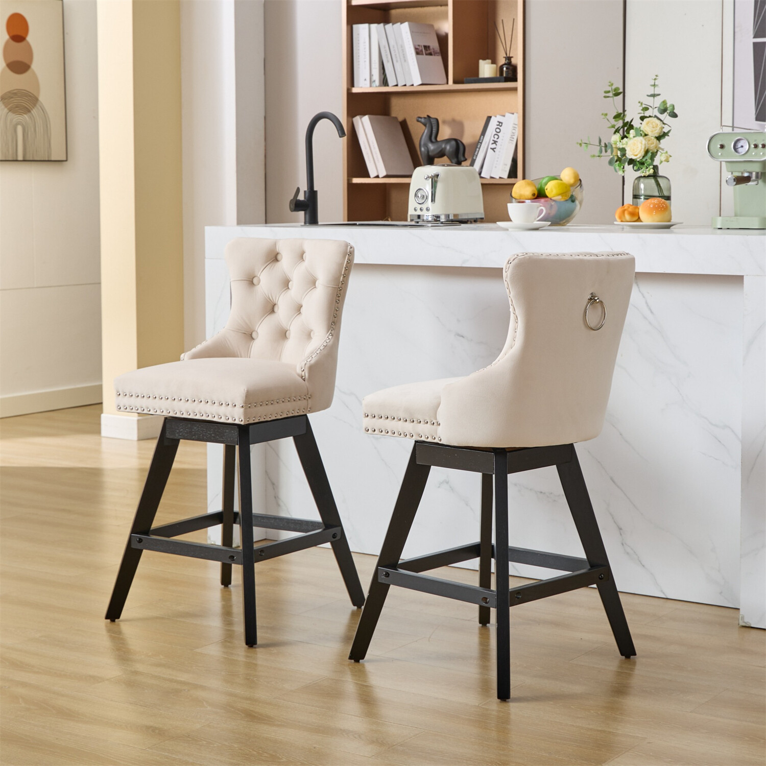 Set of 2 Swivel Velvet Bar Stools Bar Chair Counter Height Dining Chair