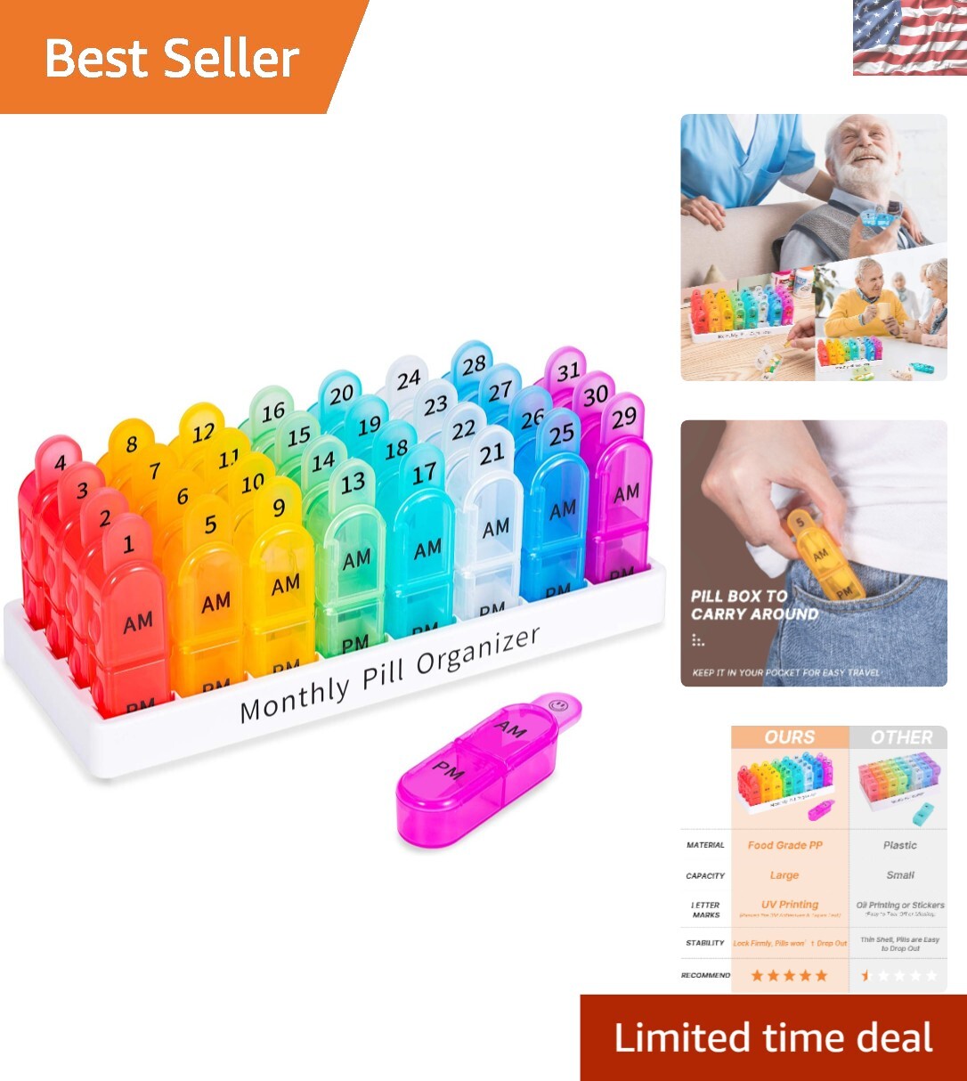 30-Day AM PM Rainbow Pill Organizer - Twice a Day for Easy Tracking