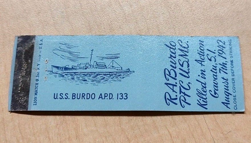 Matchbook Cover USS Burdo APD 133 Crosley Class High Speed Transport Ronald A.