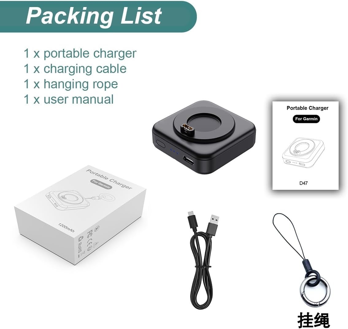 Portable Charger for Garmin Watches - 1200mAh Power Bank for Vivoactive, Fenix,