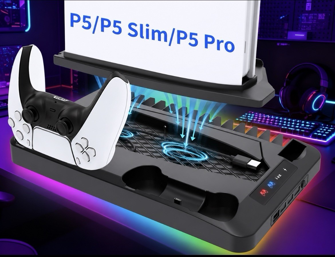 PS5 Cooling Stand w/ Dual Controller Charger for PS5 Slim/Pro, USB, 2 Fan