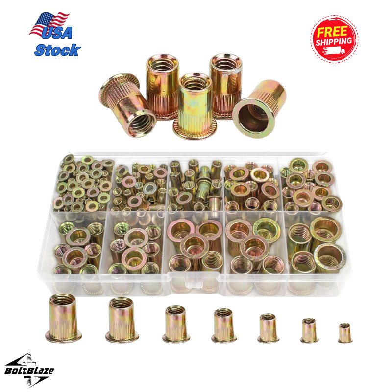 175PCS Zinc-Plated Rivet Nut Kit – M3-M10 Assorted Sizes, Flat Heads