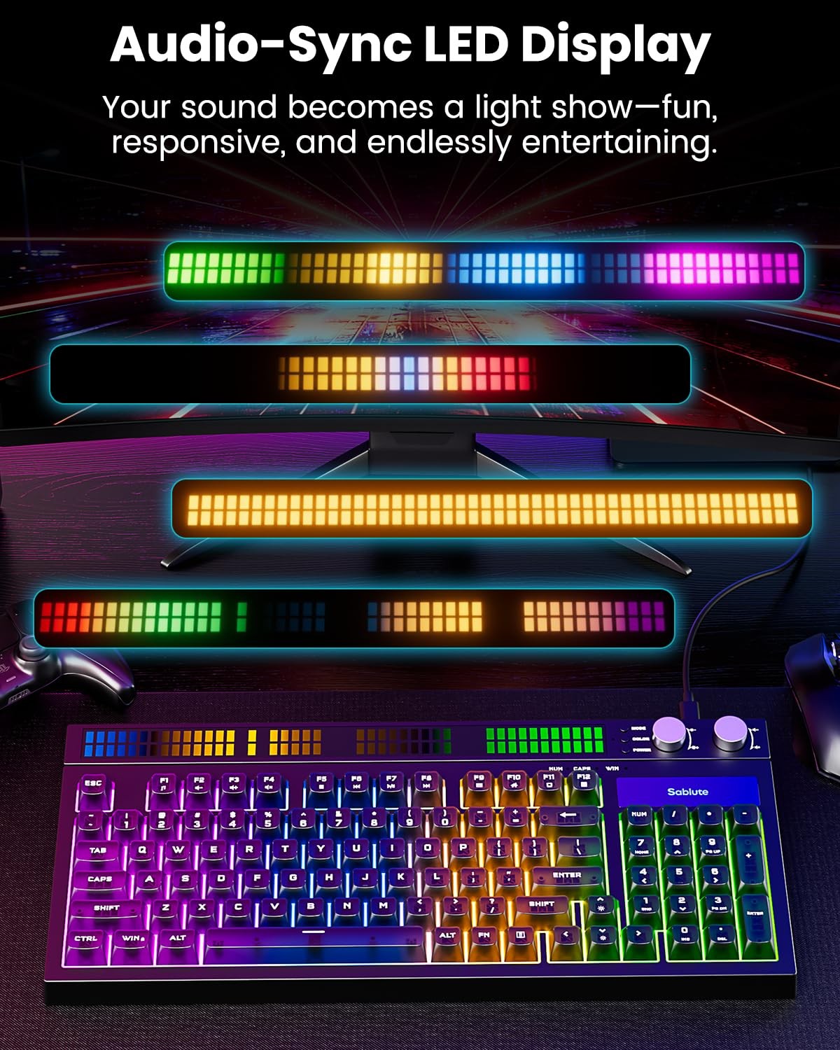 Quiet Gaming Keyboard with Sound-Sync RGB LED Display, 94-Key Wired PC Gaming Ke