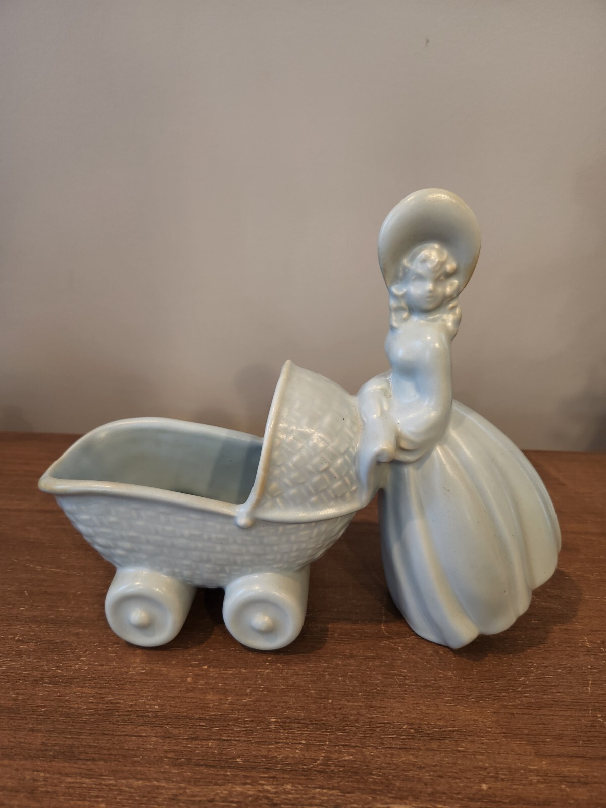 Vintage Baby Blue Lady Pushing A Baby Buggy Nursery Planter 7.5" Tall