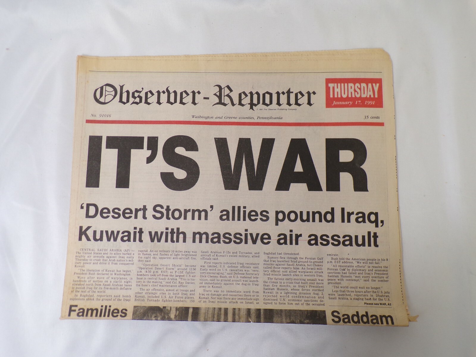 ORIGINAL Observer Reporter PA Newspaper January 17 1991 Operation Desert Storm