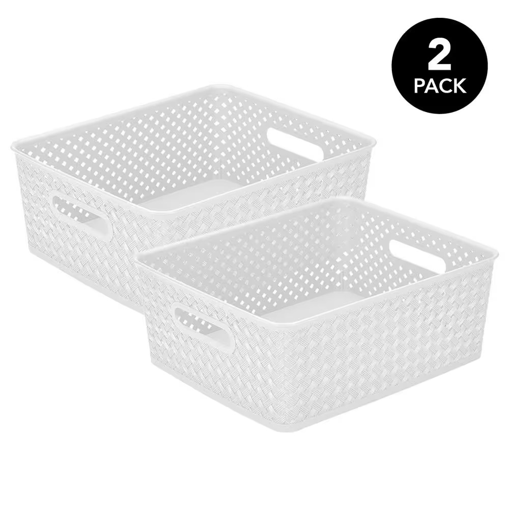 Medium 3 Gal. Resin Wicker Storage Bin in White 2-Pack
