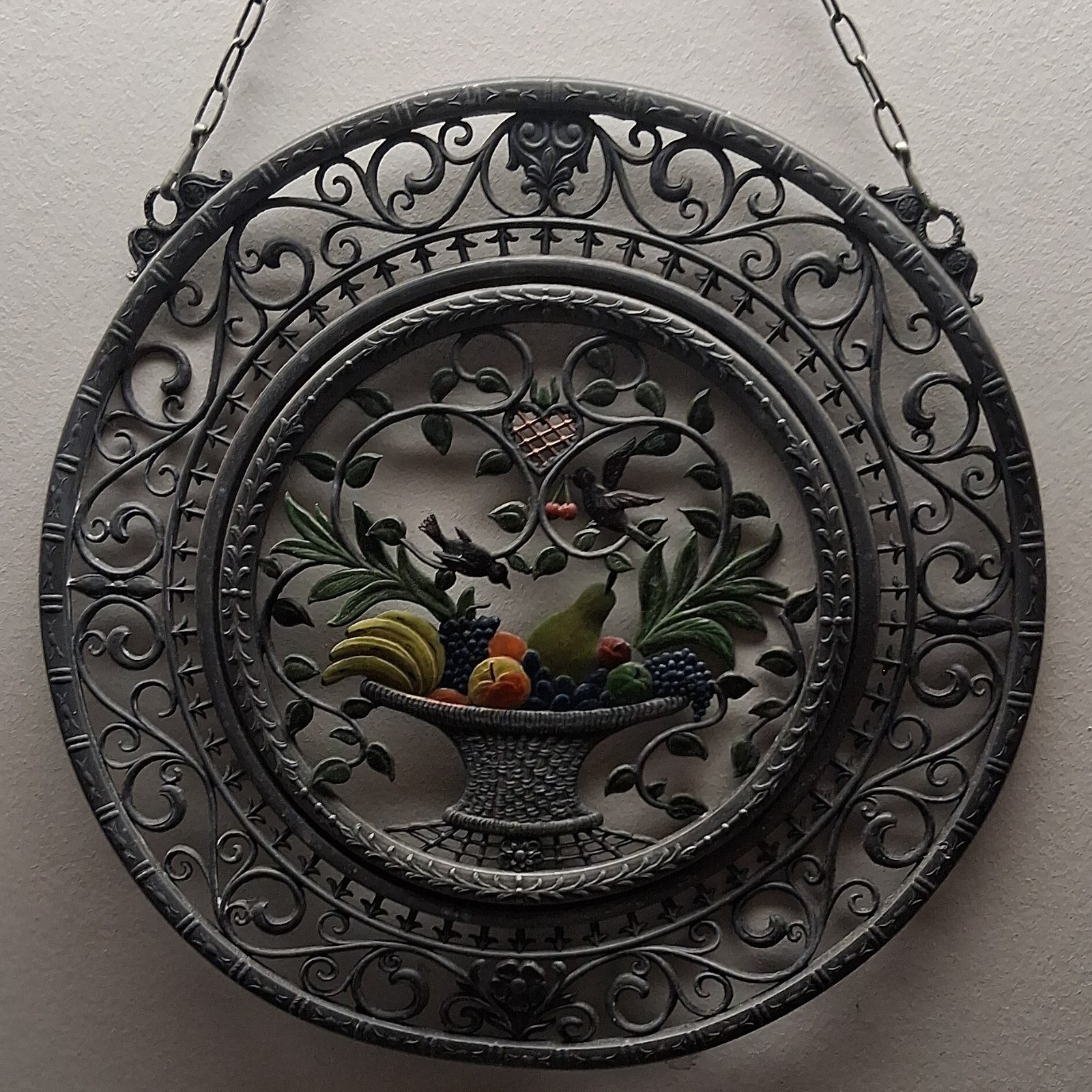 Wilhelm Schweizer Hand-Painted German Pewter Wall Plaque - Fruit Basket "Obstkor