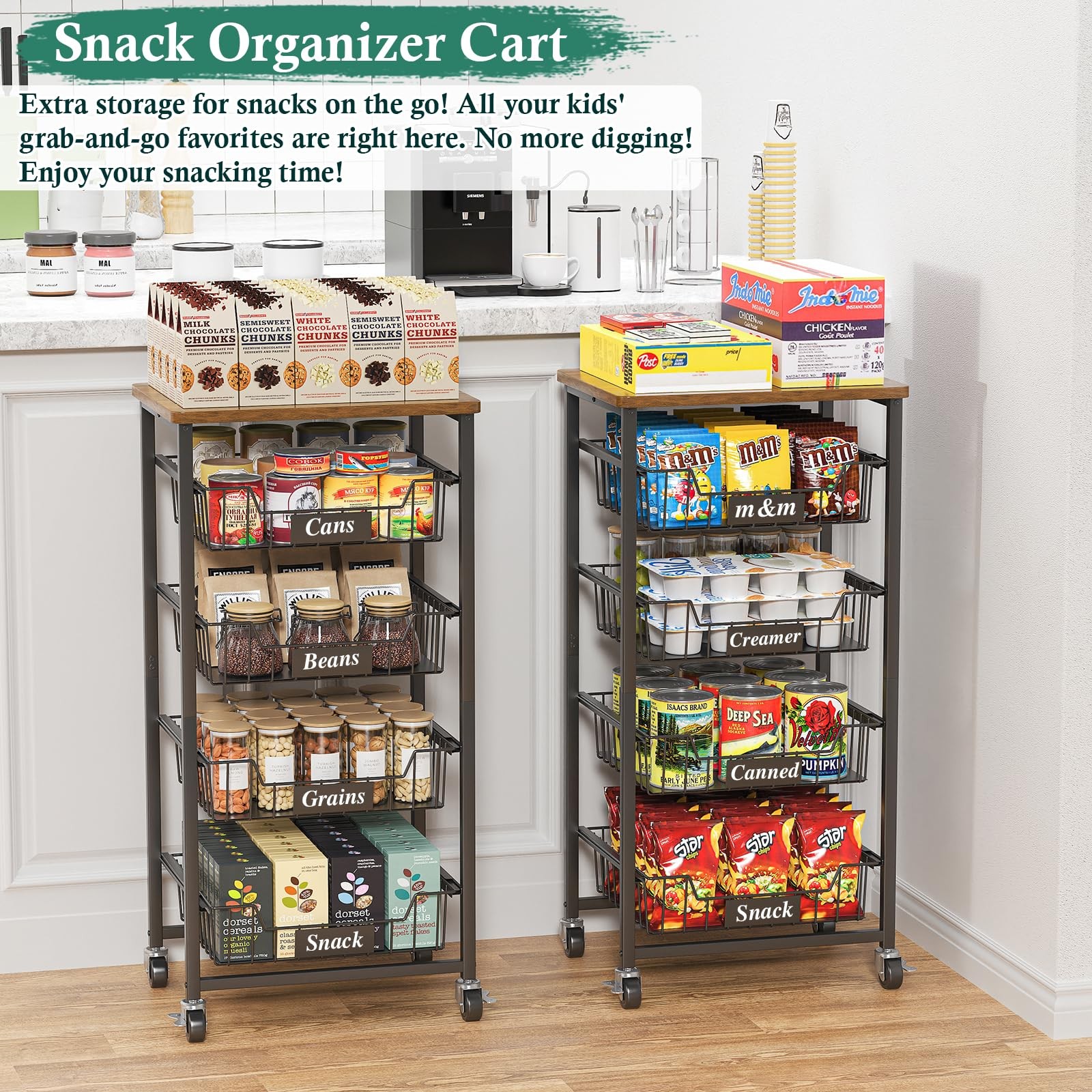 Fruit Basket, 5-Tier Utility Kitchen Organizer and Storage Cart with Pull-Out...