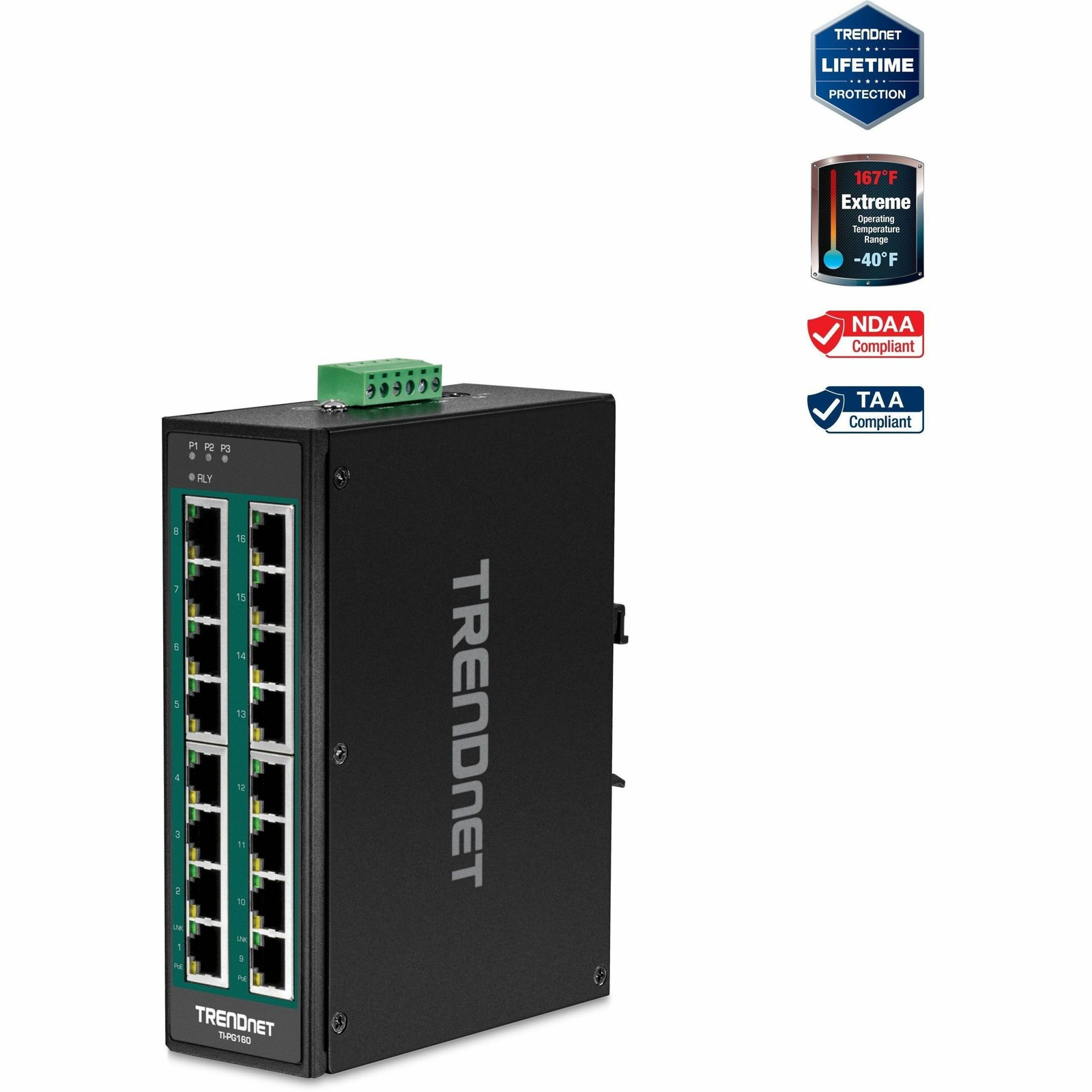 TRENDnet  TI-PG160, 16-Port Hardened Industrial Gigabit PoE+ DIN-Rail Network
