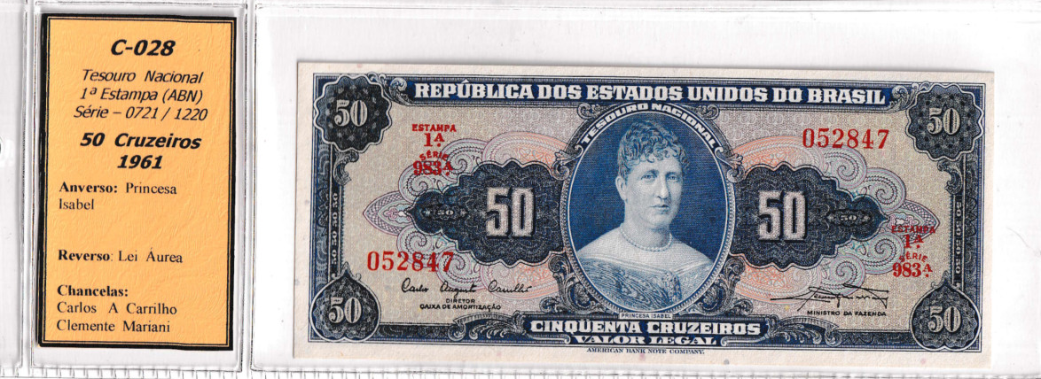Brazil 50 Cruzeiros 1961 C-028 UNC Princess Isabel Tesouro Nacional ABN