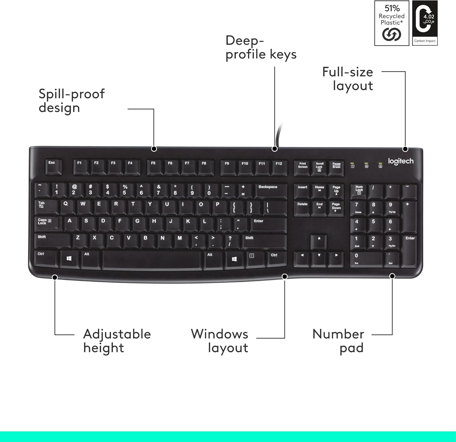 Logitech K120 Wired USB Keyboard Full Size Spill Resistant for PC Windows