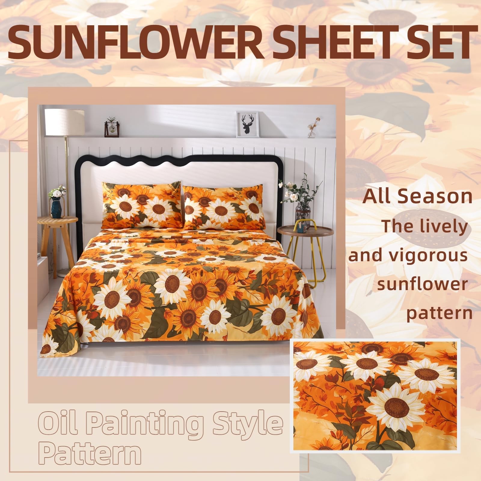 4Pcs Floral Full Size Bed Sheets,Microfiber Floral Bedding Sheet Sets,Boho Ye...
