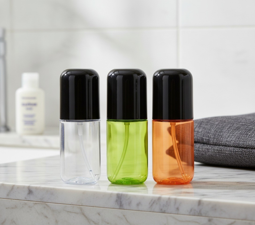 3 Pack Small Refillable Spray Bottles, 2.7 oz, Clear Green Orange, Leak Proof