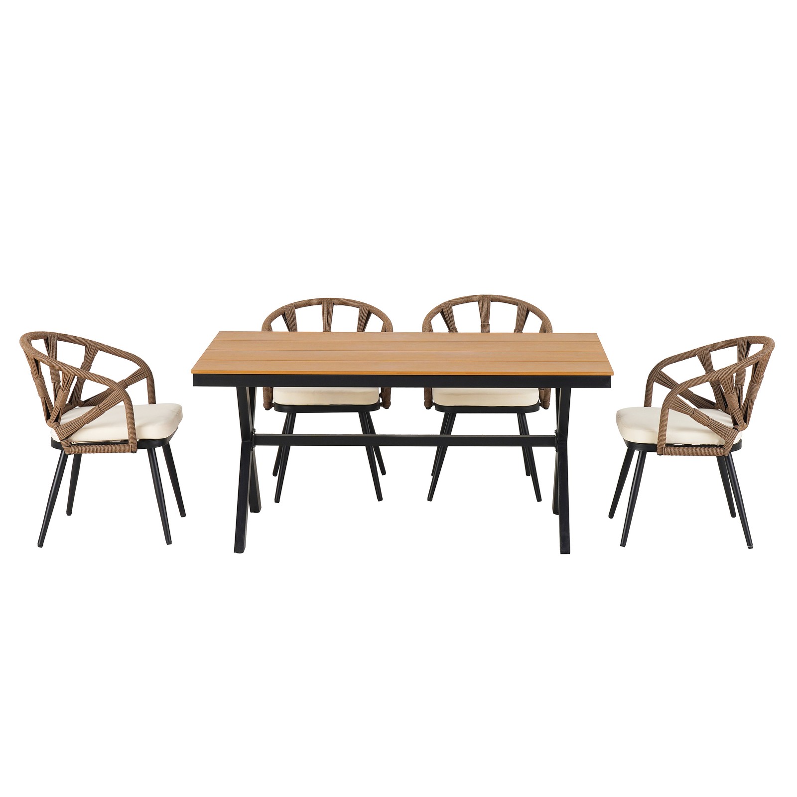 4-Piece Outdoor Patio Furniture Set with PE Rattan Chairs and Plastic Wood Table