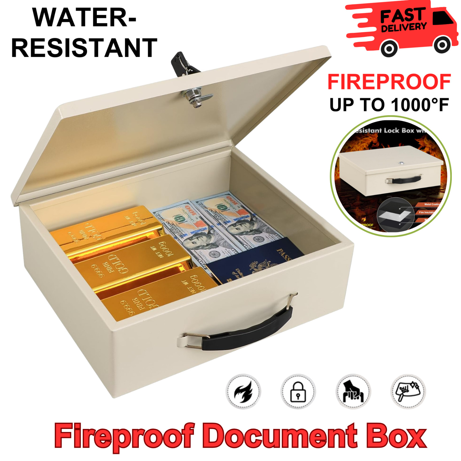 Fireproof Document Box with Key Lock, Small Safe Chest for Valuables, Portable