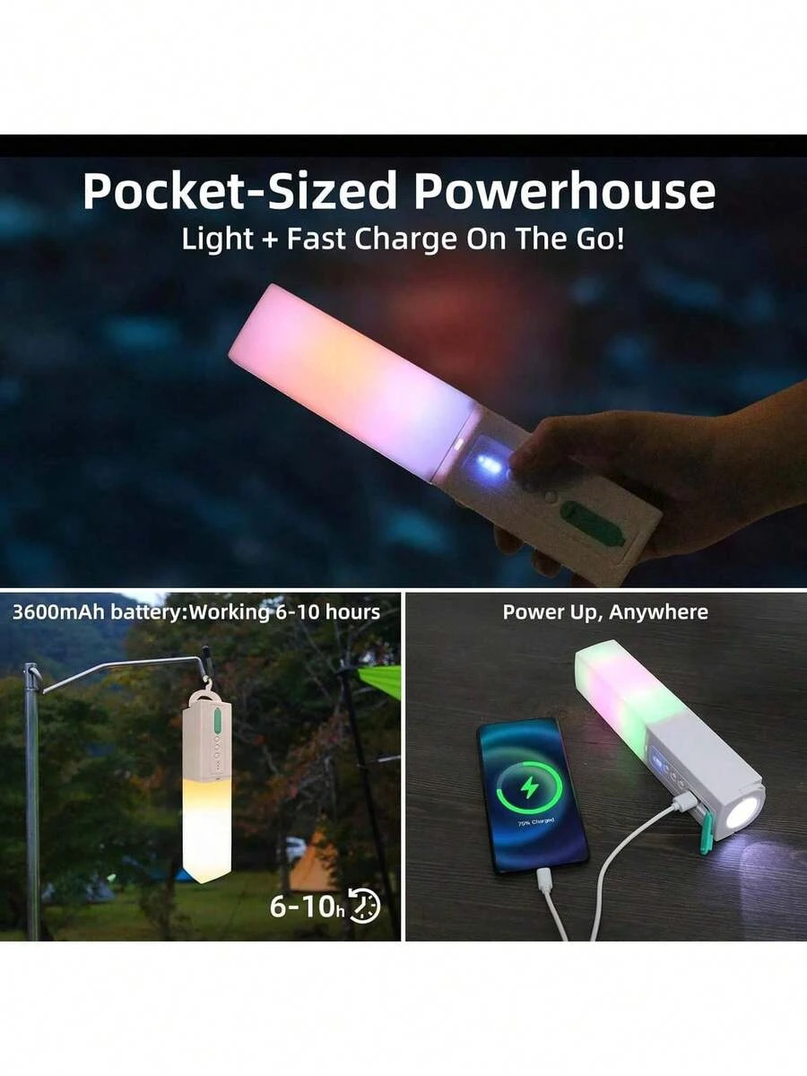 NEW Upgraded 4-In-1 Rechargeable Camping String Lights With Hook, Colorful Glow