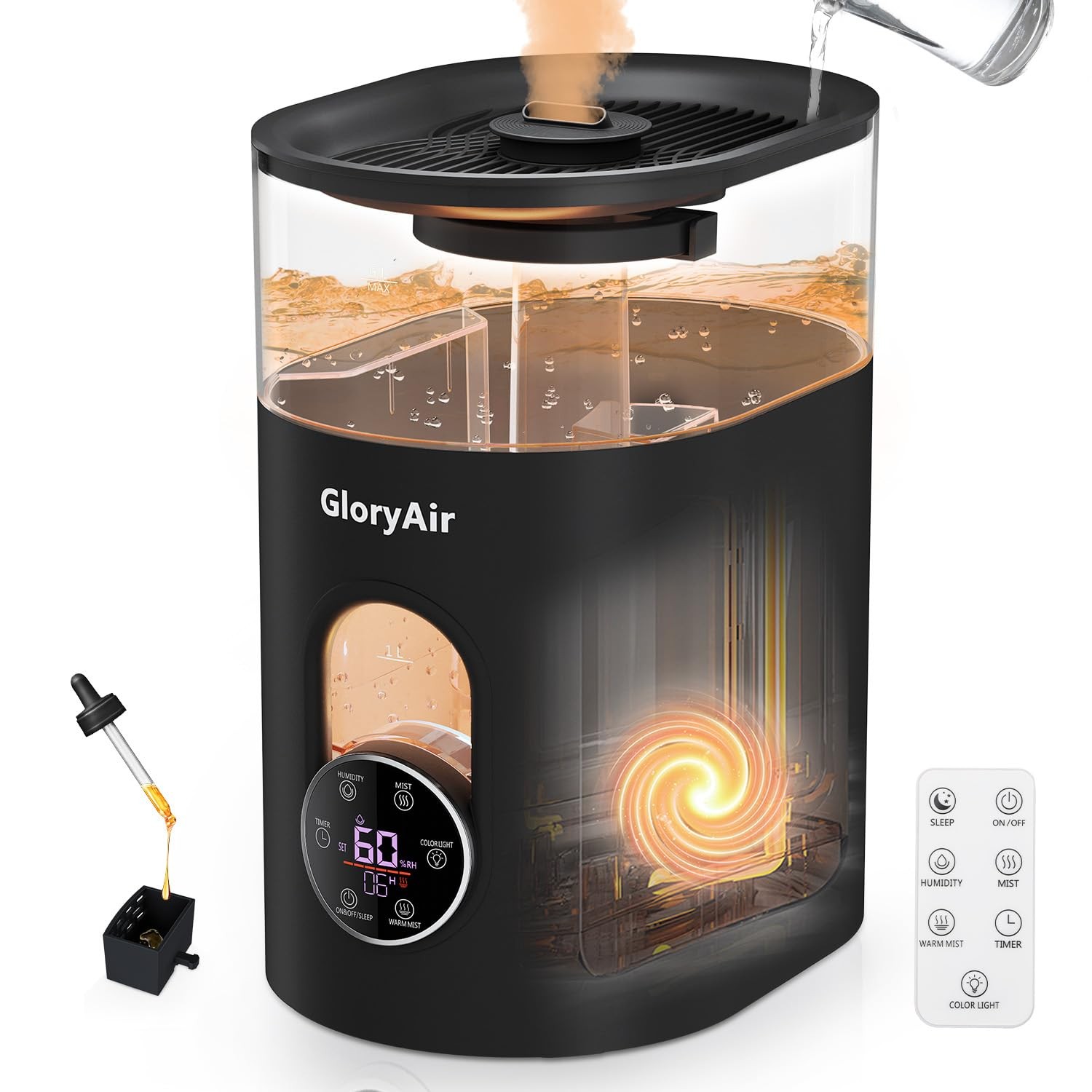 Humidifiers for Bedroom Large Room -GloryAir 6L Extra 700ft², Black