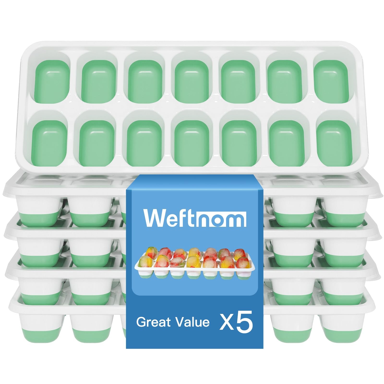 Weftnom Ice Cube Trays with Lids for Freezer, 5 5 Pack, White & Mint Green
