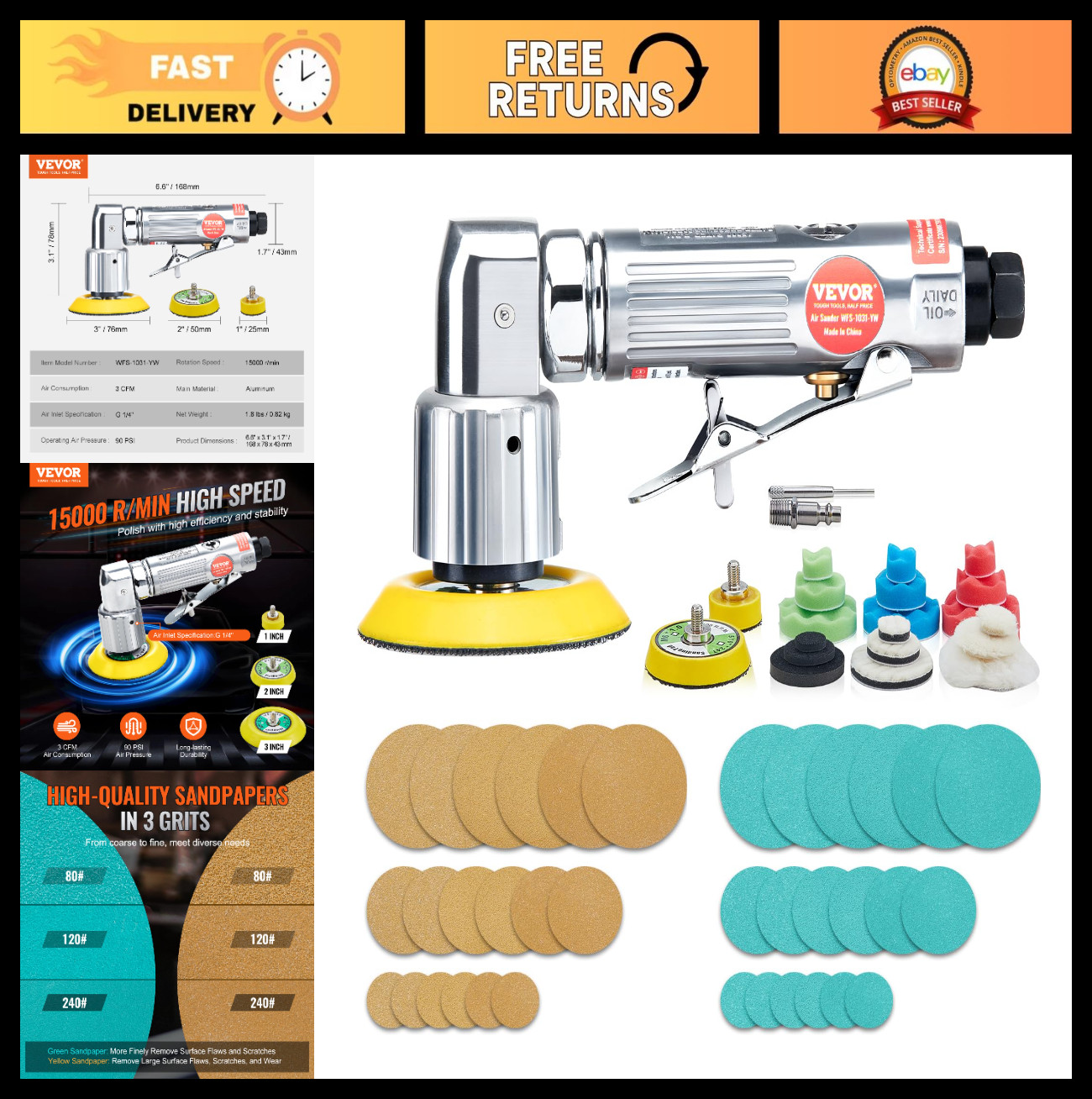 High-Speed 15000RPM Mini Pneumatic Random Orbital Air Sander Kit, 58PCS Sandpape