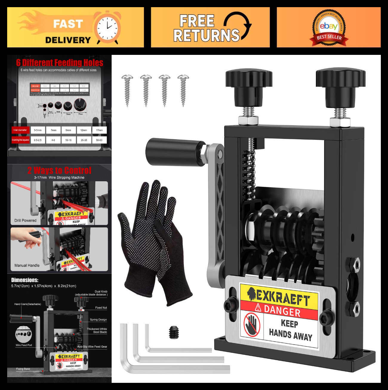 Wire Stripper Machine for 3-17mm Gauge Copper Wire, Manual & Electric Drill Comp