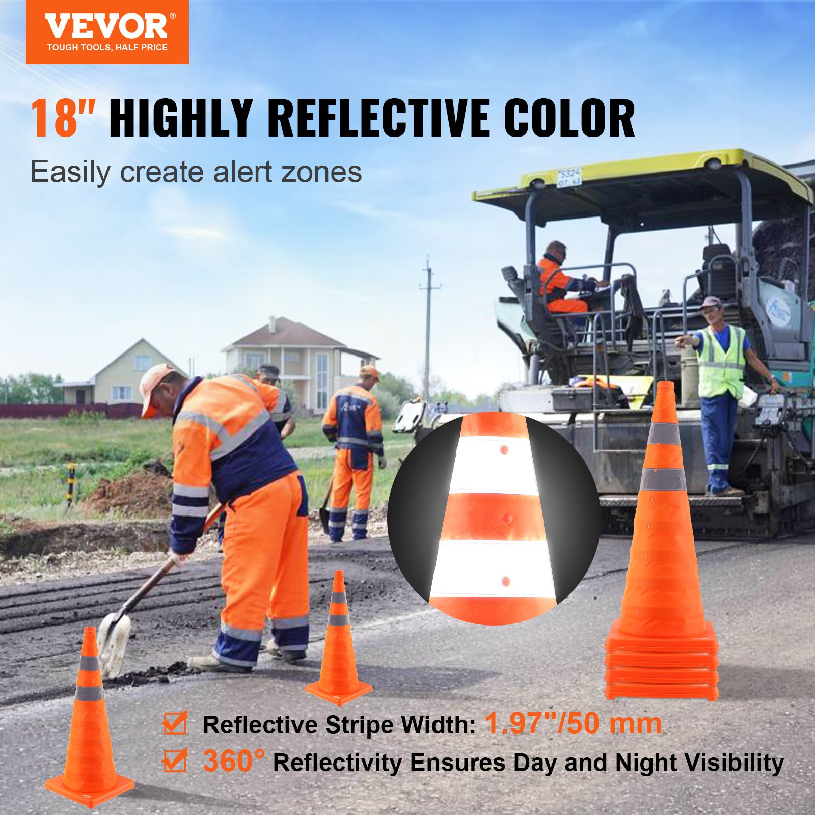 4 Pack 28" Collapsible Safety Cones, Reflective, Wide Base, w/ Storage Bag