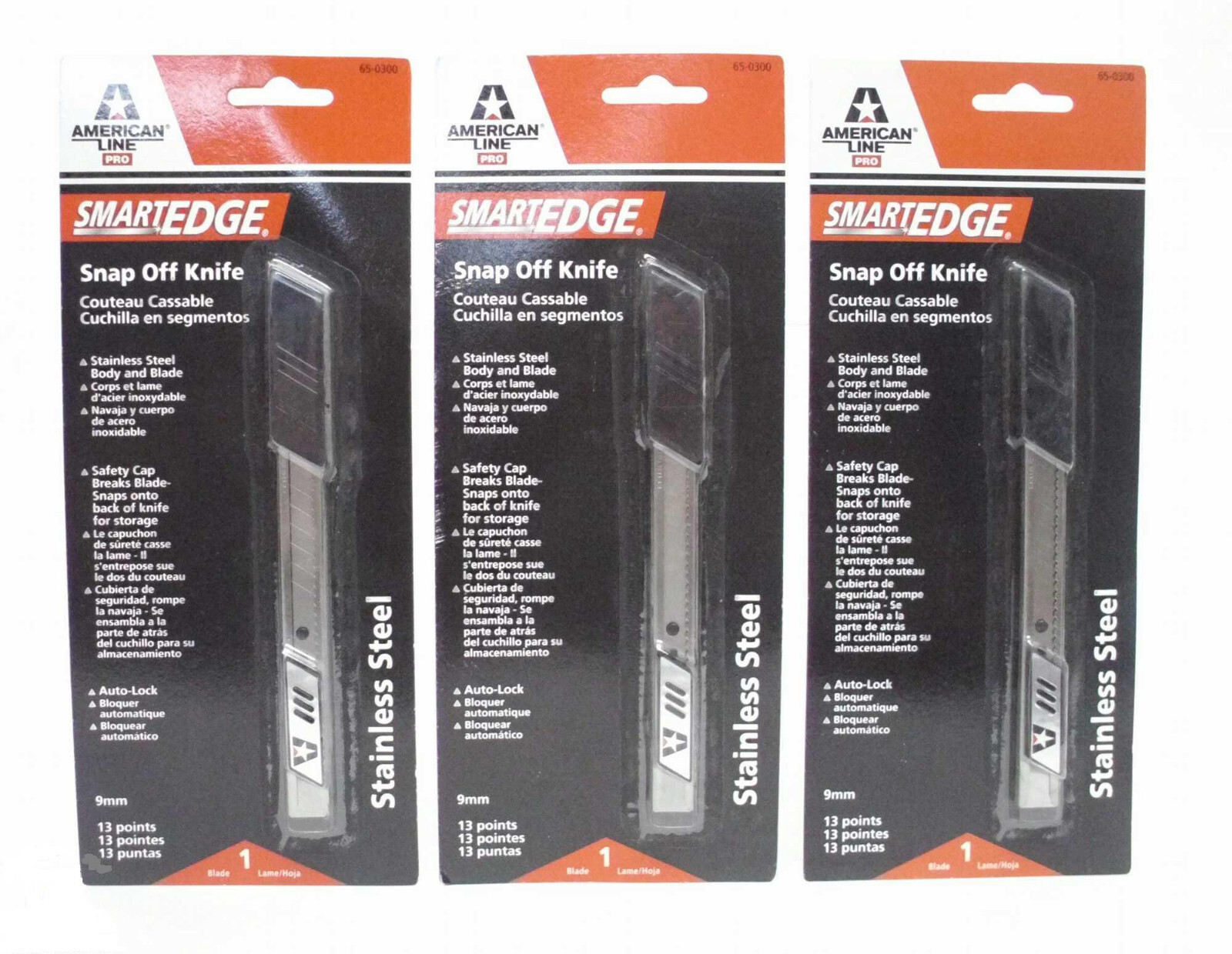 (3) American Line Pro SmartEdge Snap Off Knife, 9mm, 13 Points, Stainless Steel