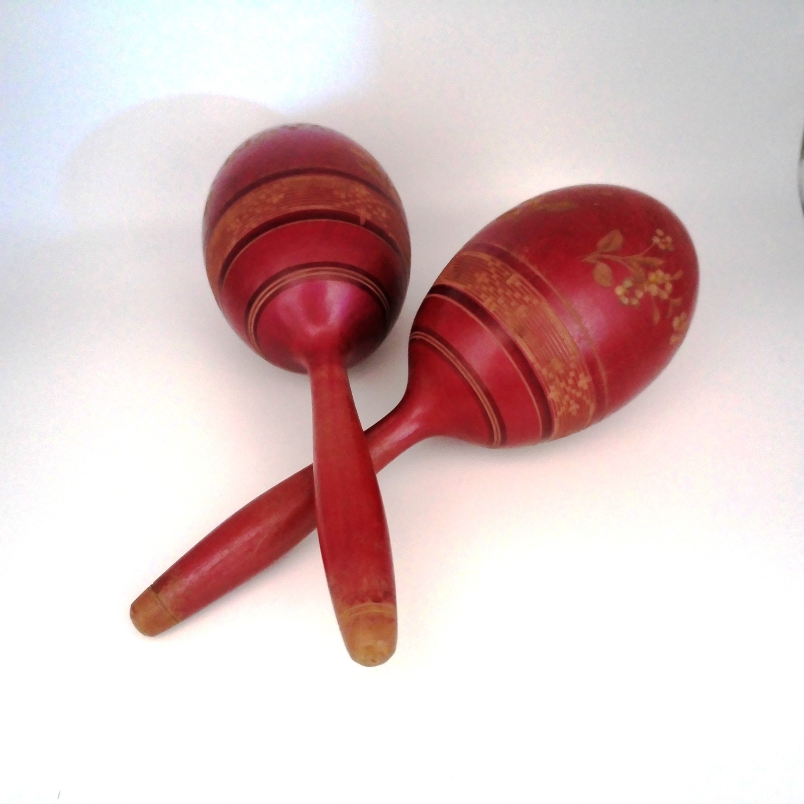 Vintage Hand-Painted Wooden Maracas “Rumba Shakers” with Floral Motifs