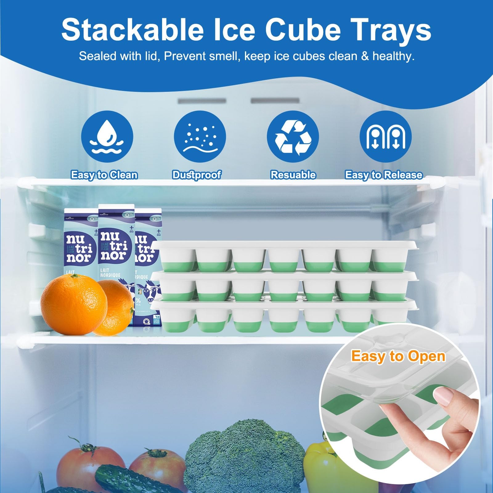 Silicone Ice Cube Trays with Lid Easy Release Stackable Molds Drink Maker 3 P...