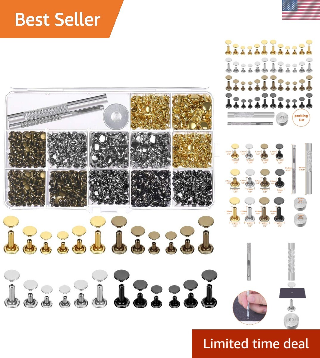 Complete Leather Rivets Set: 480 Double Cap Rivets in 4 Colors & Tool Kit