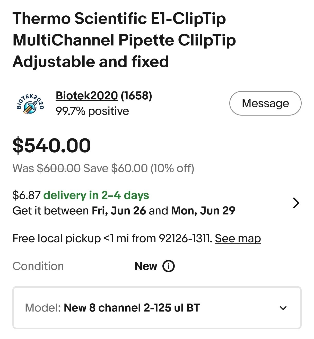 Thermo E1 Cliptip Pipette 8 ch 2-125ul New