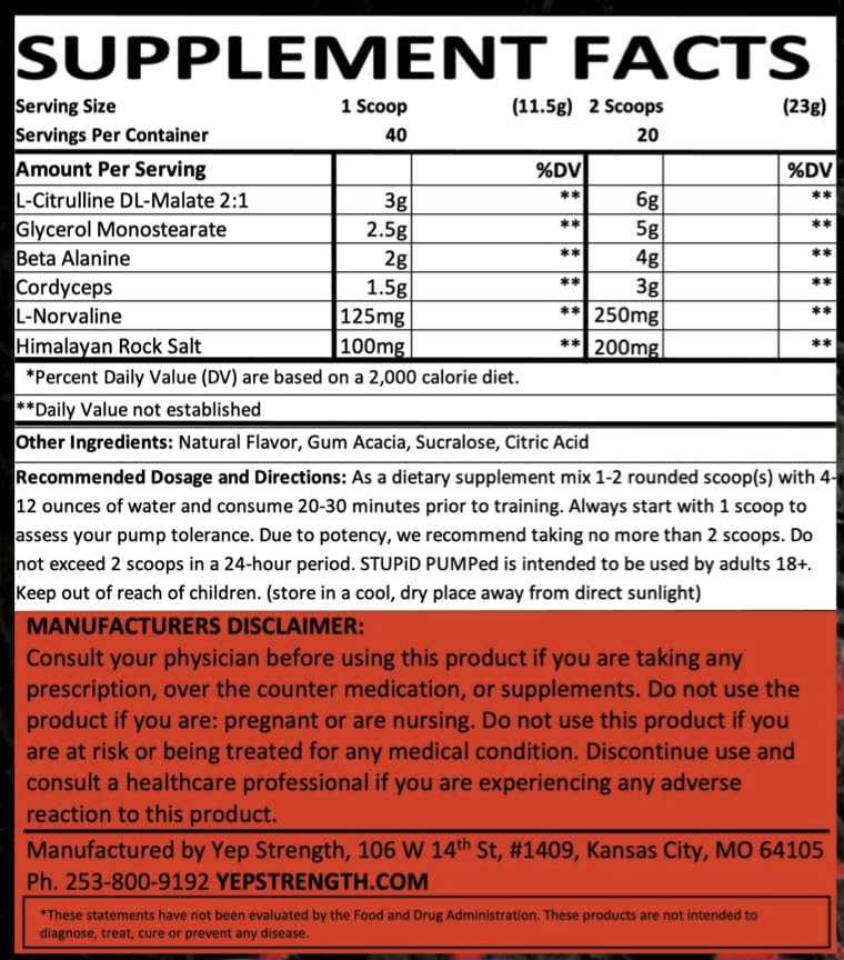 Yep Stupid Pumped - Stimulant-Free Pump with L-Citrulline DL-Malate, Glycerol...